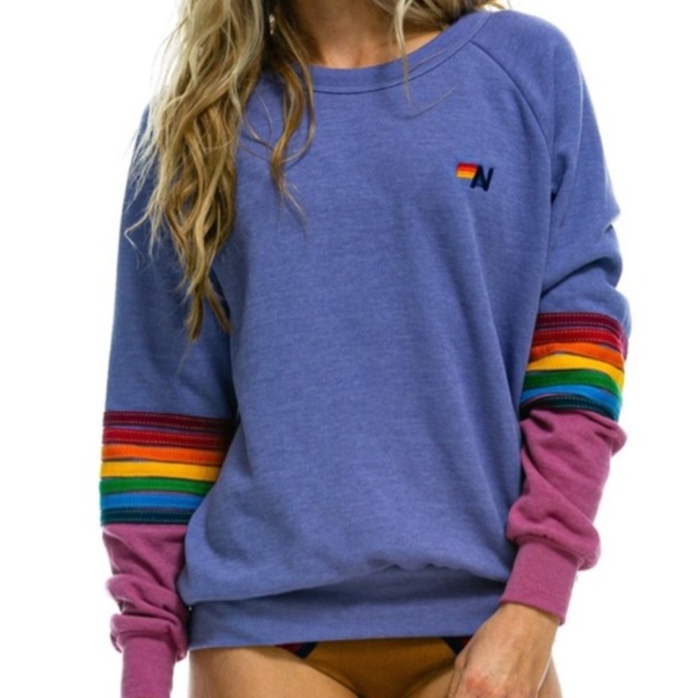 AVIATOR NATION RAINBOW STITCH SLEEVE CREW SWEATSHIRT - LAVENDER